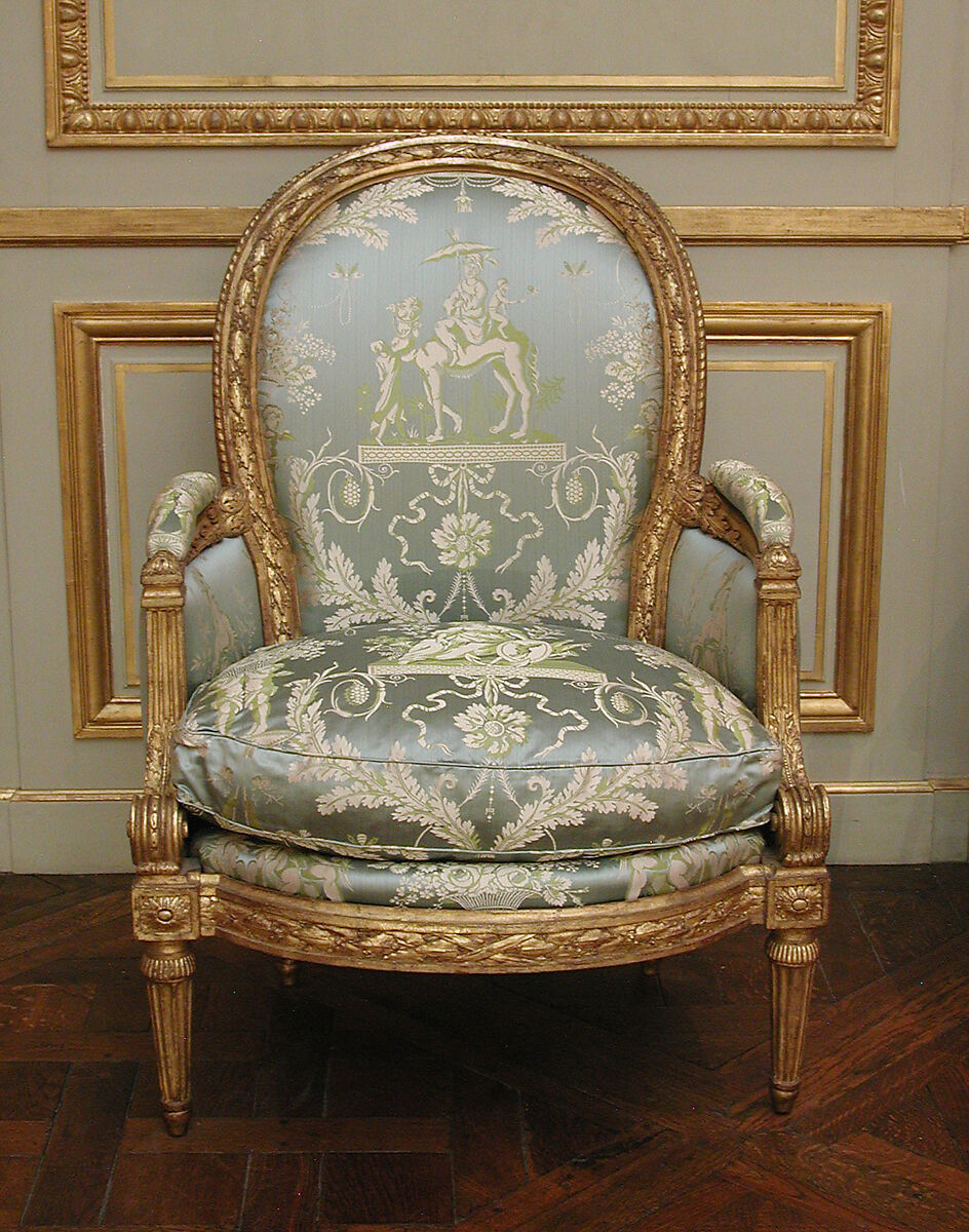 Armchair (Bergère) (one of a pair) (part of a set), Louis Delanois (French, 1731–1792), Carved and gilded mahogany, modern silk damask, French, Paris 