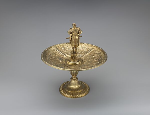 Tazza with Emperor Tiberius figure and dish with scenes from the life of Nero, Gilded silver, Flemish, Antwerp (?)