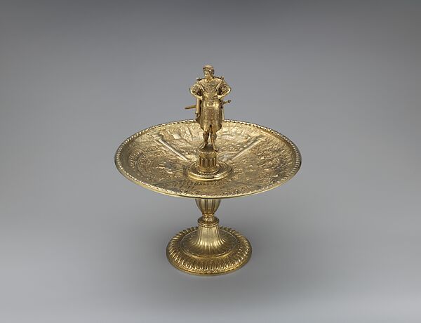 Tazza with Emperor Tiberius figure and dish with scenes from the life of Nero, Gilded silver, Flemish, Antwerp (?) 