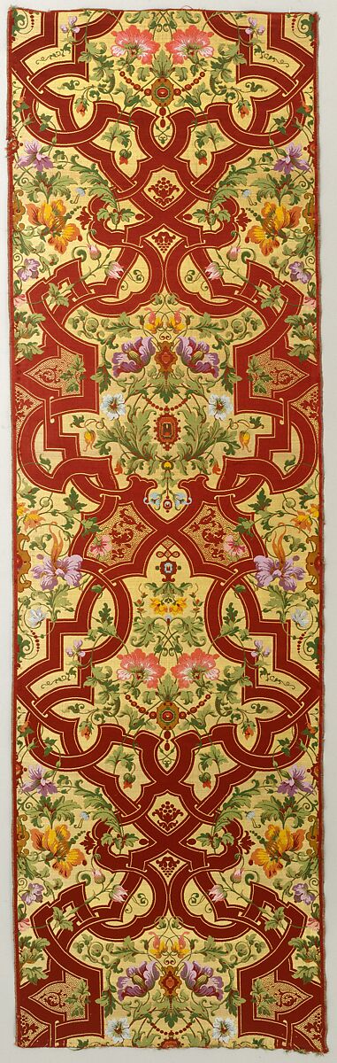 Strapwork with Flowers and Jewels, Silk; compound weave, brocaded, French, possibly Lyon 
