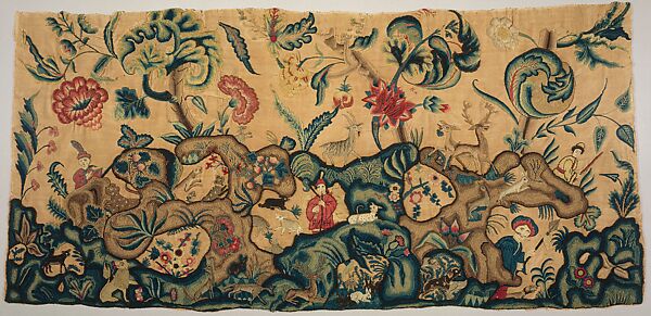 Curtain and fragment, Medium: silk Technique: canvas with velvet applique  and embroidery, Design of horn of plenty, swinging branches and flowers  worked in Florentine stitch and velvet applique., Spain, 17th century,  embroidery