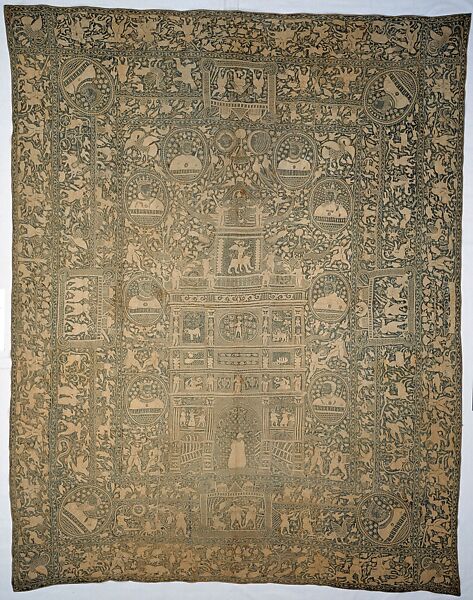 Hanging with Triumphal Arch, Silk satin embroidered with silk, Indian (Bengal), for the Portuguese market 