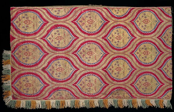 Textile with Floral Medallions in a Decorated Lattice, Lampas with silk and metal-wrapped thread, later silk lining and cotton fringe, Turkey 