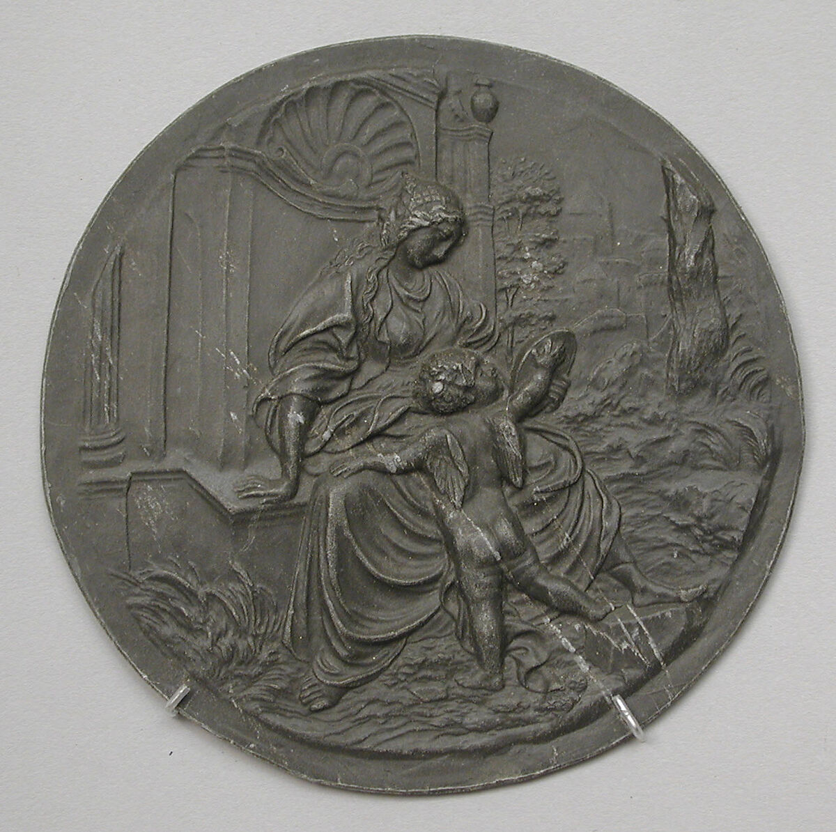 Prudence seated with an amorino and a mirror, Medalist: Peter Flötner (German, Thurgau 1485–1546 Nuremberg), Lead, German 