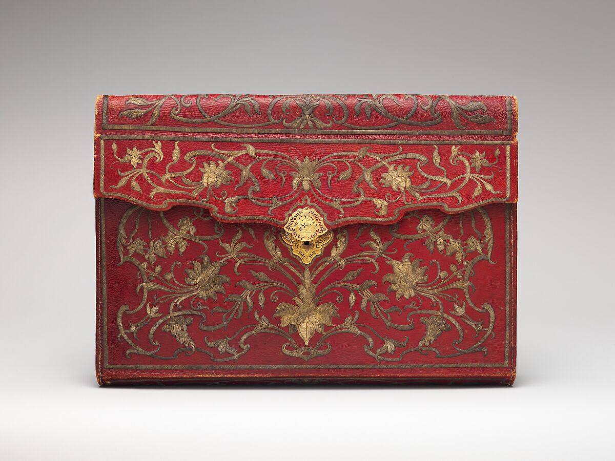 Briefcase (portefuille), Probably by Jacques Lourdière (master 1746–after 1768), Red morocco leather embroidered with gold thread and silk, fitted with gold lock, lined with green silk; gold, Turkish and French 