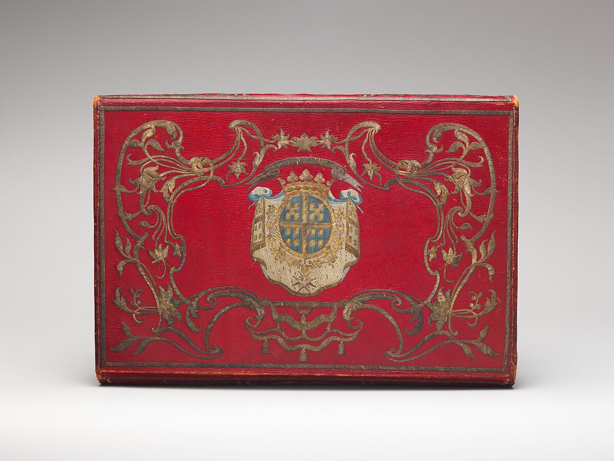 Briefcase (portefeuille), Probably by Jacques Lourdière (master 1746–after 1768), Red morocco leather embroidered with gold thread and silk, fitted with gold lock, lined with green silk; gold, Turkish and French