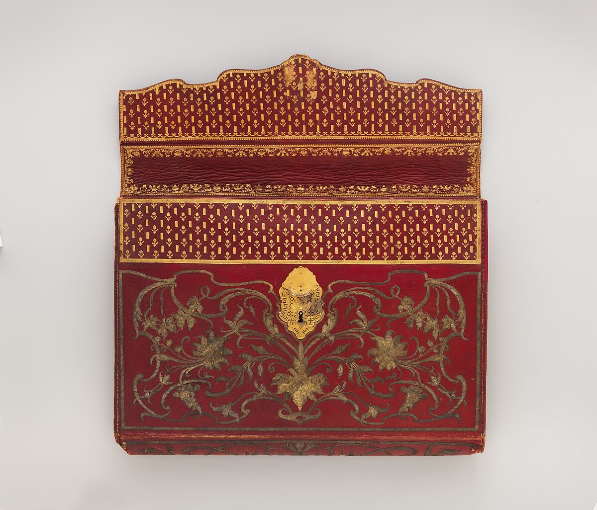 Briefcase (portefeuille), Probably by Jacques Lourdière (master 1746–after 1768), Red morocco leather embroidered with gold thread and silk, fitted with gold lock, lined with green silk; gold, Turkish and French