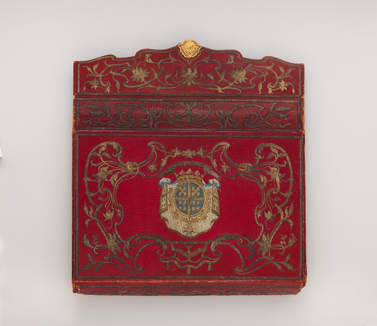 Briefcase (portefeuille), Probably by Jacques Lourdière (master 1746–after 1768), Red morocco leather embroidered with gold thread and silk, fitted with gold lock, lined with green silk; gold, Turkish and French
