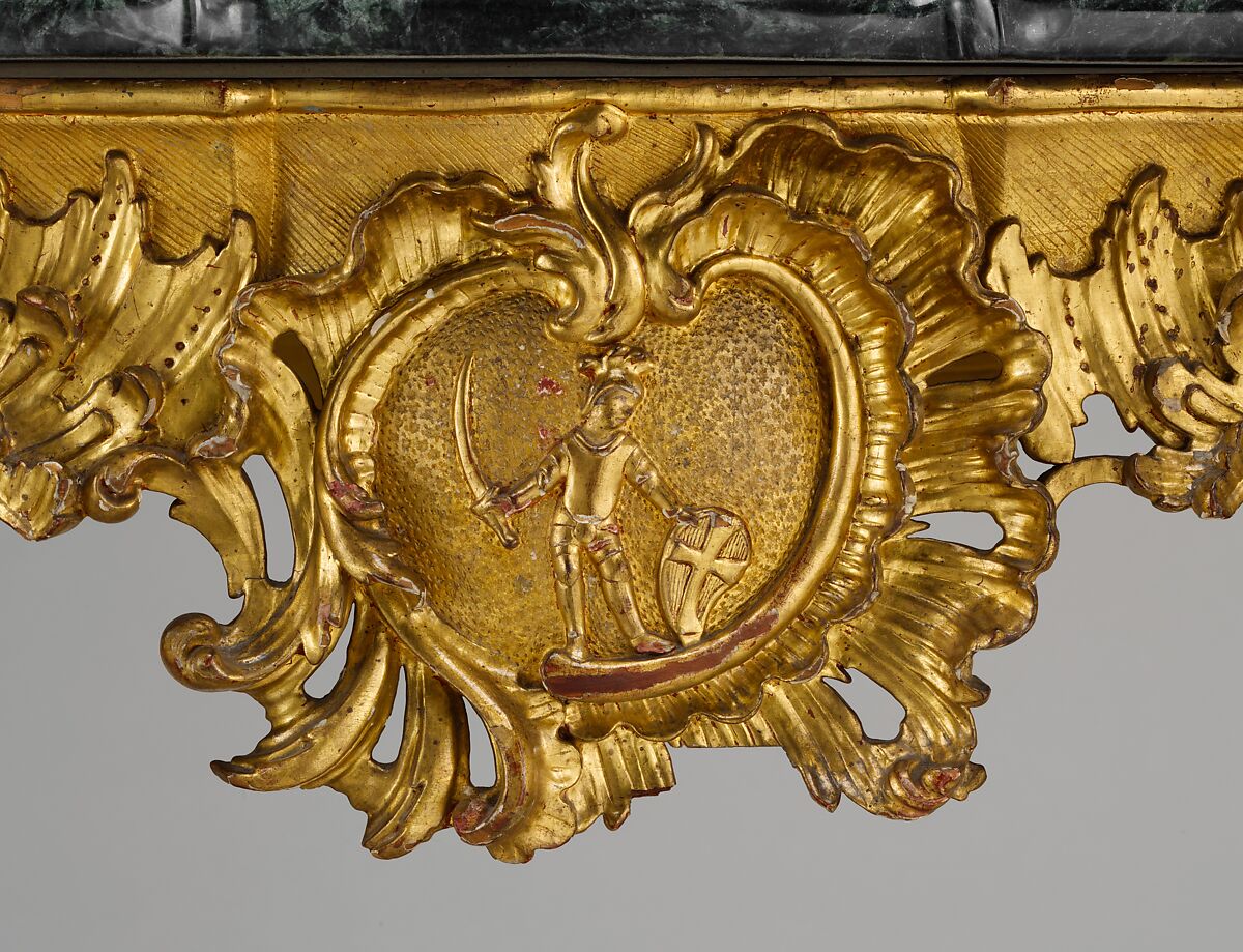 Console table, Franz Adam Weber (German, active until 1759?), Gilded lindenwood, pine; green marble (not original), German, Fulda