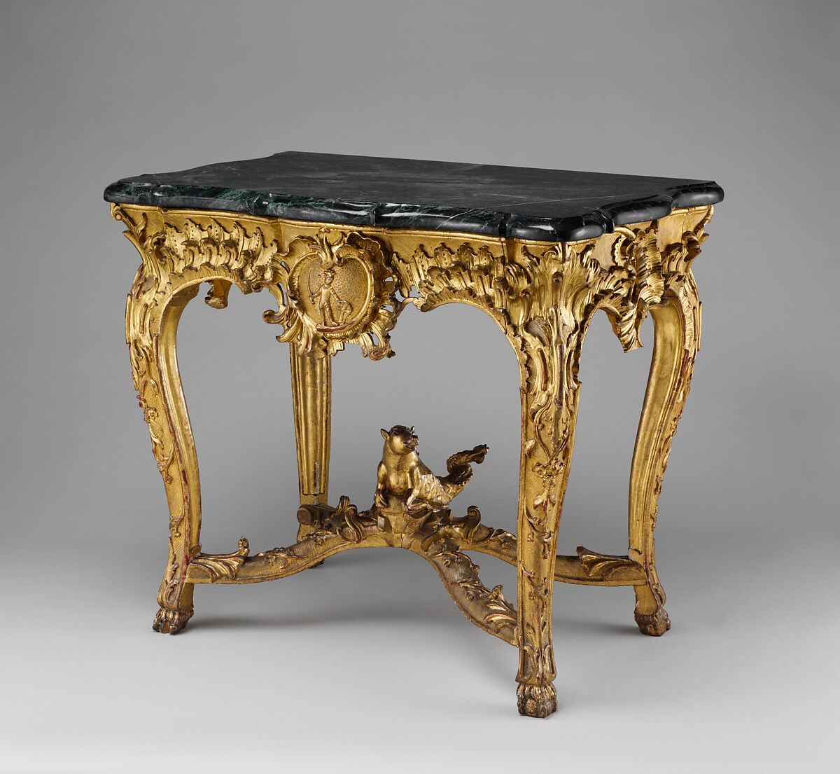 Console table, Franz Adam Weber (German, active until 1759?), Gilded lindenwood, pine; green marble (not original), German, Fulda 