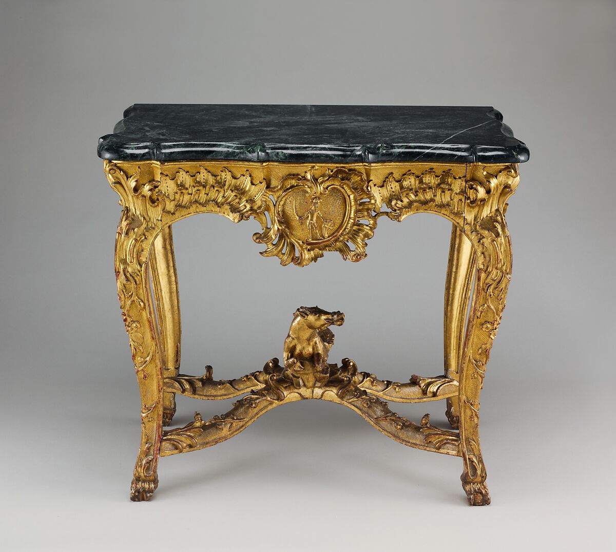 Console table, Franz Adam Weber (German, active until 1759?), Gilded lindenwood, pine; green marble (not original), German, Fulda