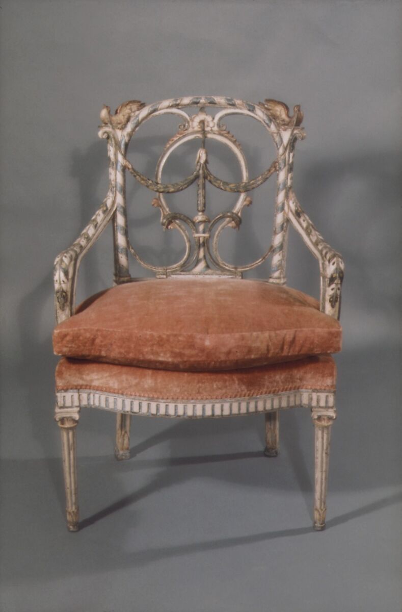 Pair of armchairs (part of a set), Carved and polychromed walnut; received upholstered in beige silk brocade, currently upholstered with modern cotton and linen velvet (INST.1970.8.1, .2), Italian, Naples 