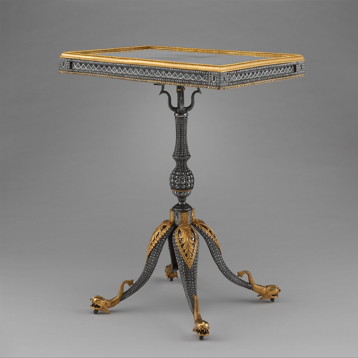 Center table, Imperial Armory, Tula (south of Moscow), Russia, Steel, silver, gilt copper, gilt brass, basswood; replaced mirror glass, Russian, Tula