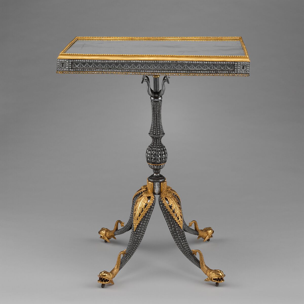 Center table, Imperial Armory, Tula (south of Moscow), Russia, Steel, silver, gilt copper, gilt brass, basswood; replaced mirror glass, Russian, Tula 