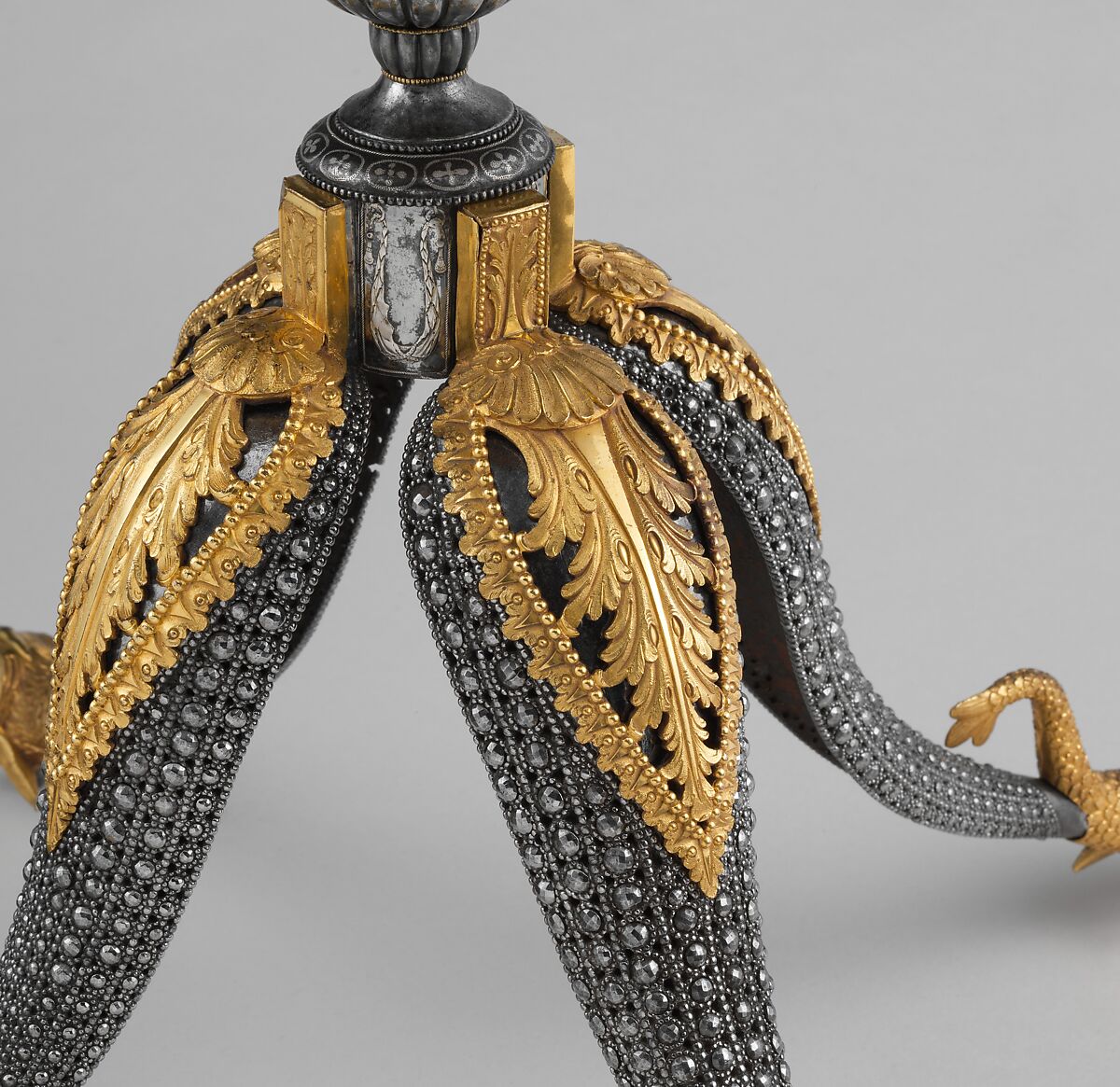 Center table, Imperial Armory, Tula (south of Moscow), Russia, Steel, silver, gilt copper, gilt brass, basswood; replaced mirror glass, Russian, Tula