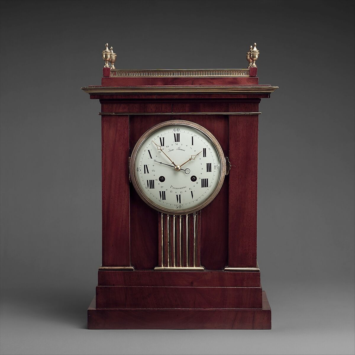 Clock, Workshop of David Roentgen (German, Herrnhaag 1743–1807 Wiesbaden, master 1780), Oak, pine, and mahogany, veneered with mahogany; brass, gilt bronze and enamel, German, Neuwied am Rhein 