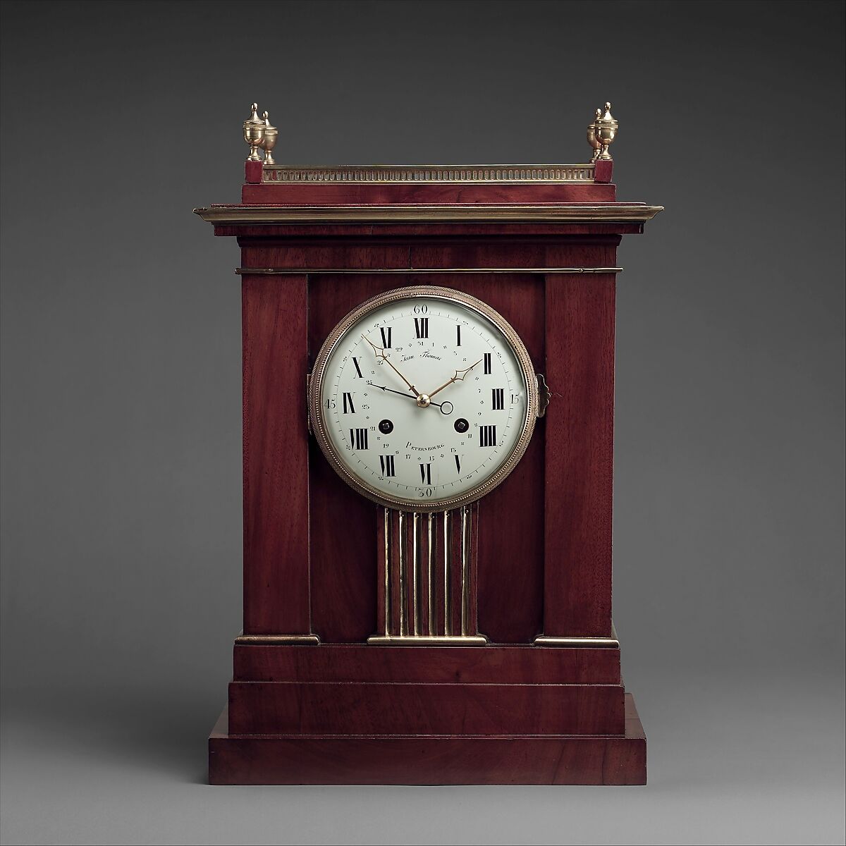 Clock, David Roentgen  German, Oak, pine, and mahogany, veneered with mahogany; brass, gilt bronze and enamel, German, Neuwied am Rhein