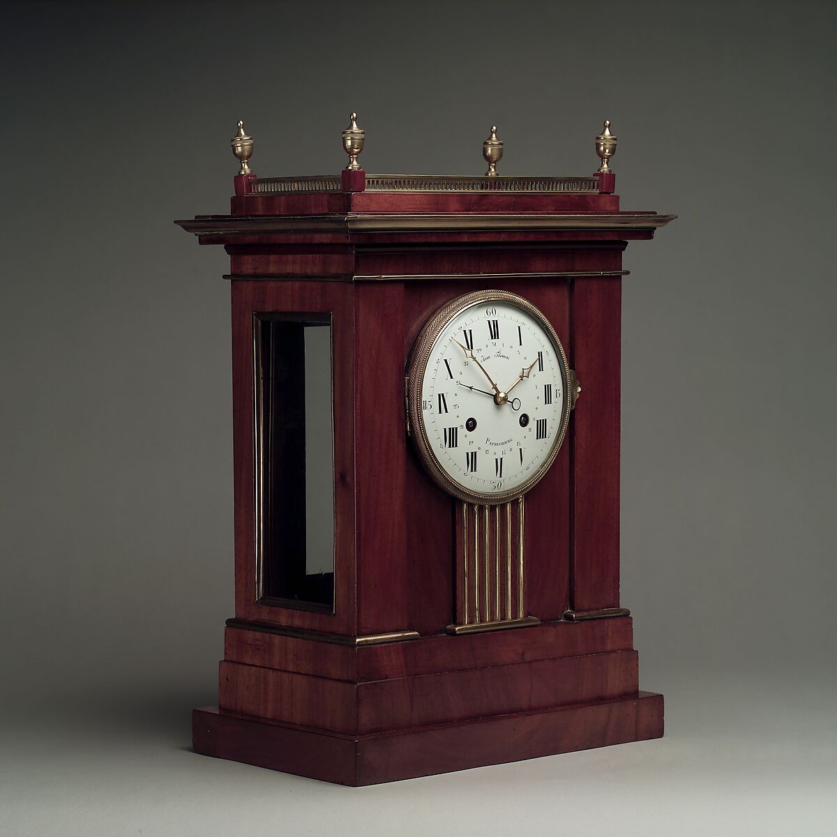 Clock, Workshop of David Roentgen (German, Herrnhaag 1743–1807 Wiesbaden, master 1780), Oak, pine, and mahogany, veneered with mahogany; brass, gilt bronze and enamel, German, Neuwied am Rhein