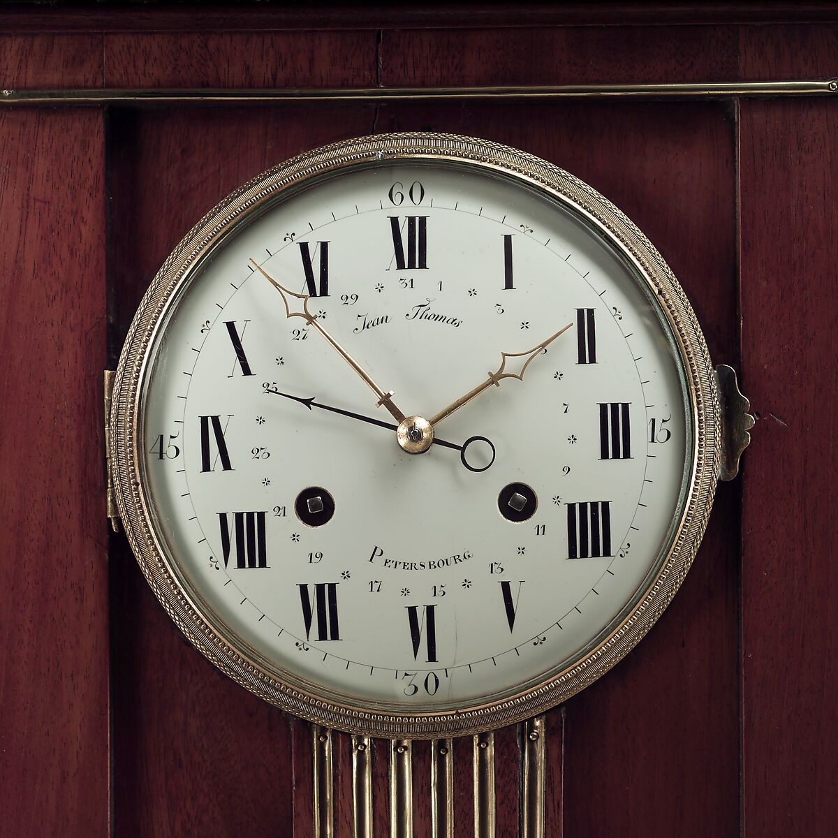 Clock, Workshop of David Roentgen (German, Herrnhaag 1743–1807 Wiesbaden, master 1780), Oak, pine, and mahogany, veneered with mahogany; brass, gilt bronze and enamel, German, Neuwied am Rhein
