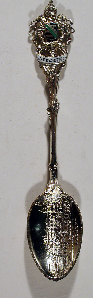 Souvenir spoon with view of the Zwinger in Dresden, Silver-gilt, enamel, European 