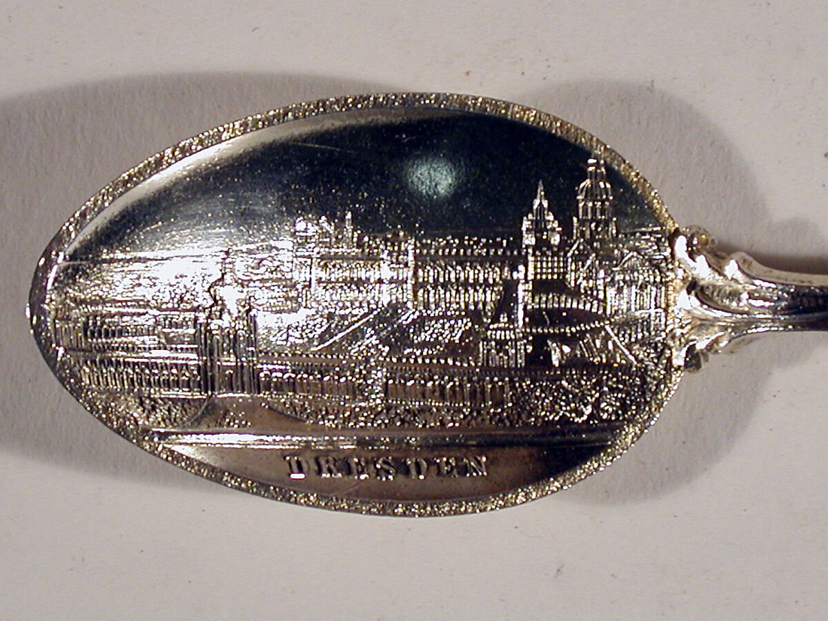 Souvenir spoon with view of the Zwinger in Dresden, Silver-gilt, enamel, European