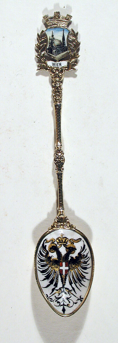 Souvenir spoon with Imperial double-headed eagle and St. Stephan's Cathedral in Vienna, Silver gilt, enamel, European 