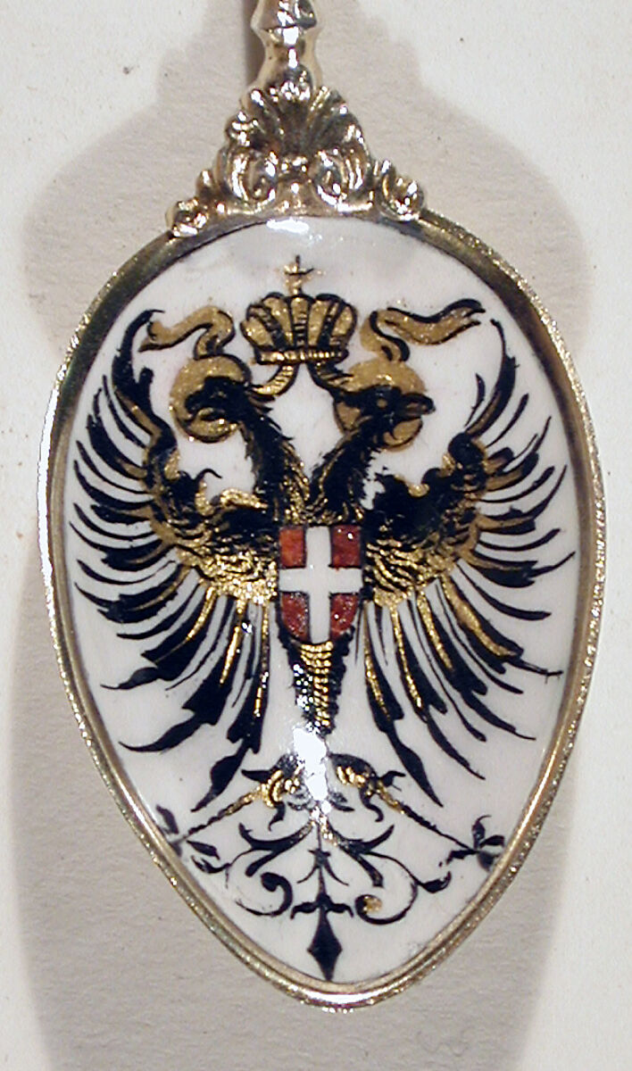 Souvenir spoon with Imperial double-headed eagle and St. Stephan's Cathedral in Vienna, Silver gilt, enamel, European