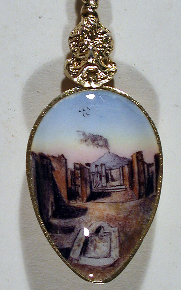 Souvenir spoon with view of excavation at Pompeii, Silver gilt, enamel, European