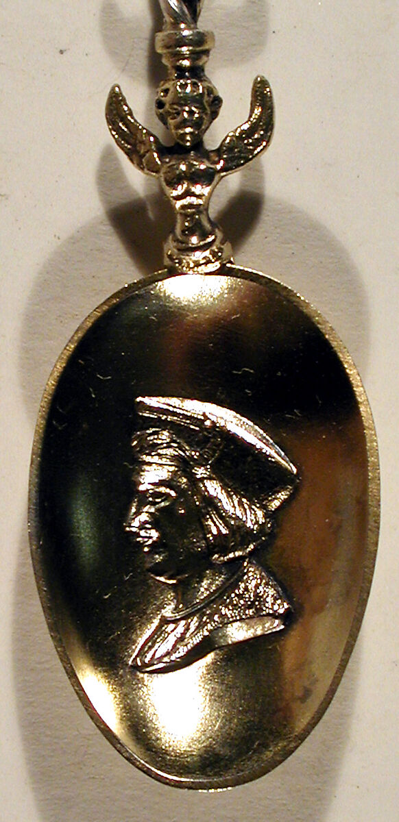 Souvenir spoon with profile portrait of Christopher Columbus, Silver, parcel-gilt, European