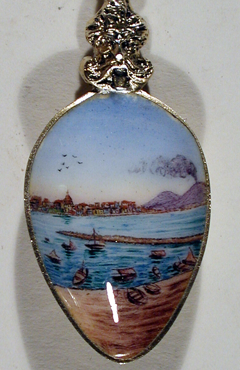 Souvenir spoon with view of Bay of Naples with Vesuvius in the distance, Silver gilt, enamel, European