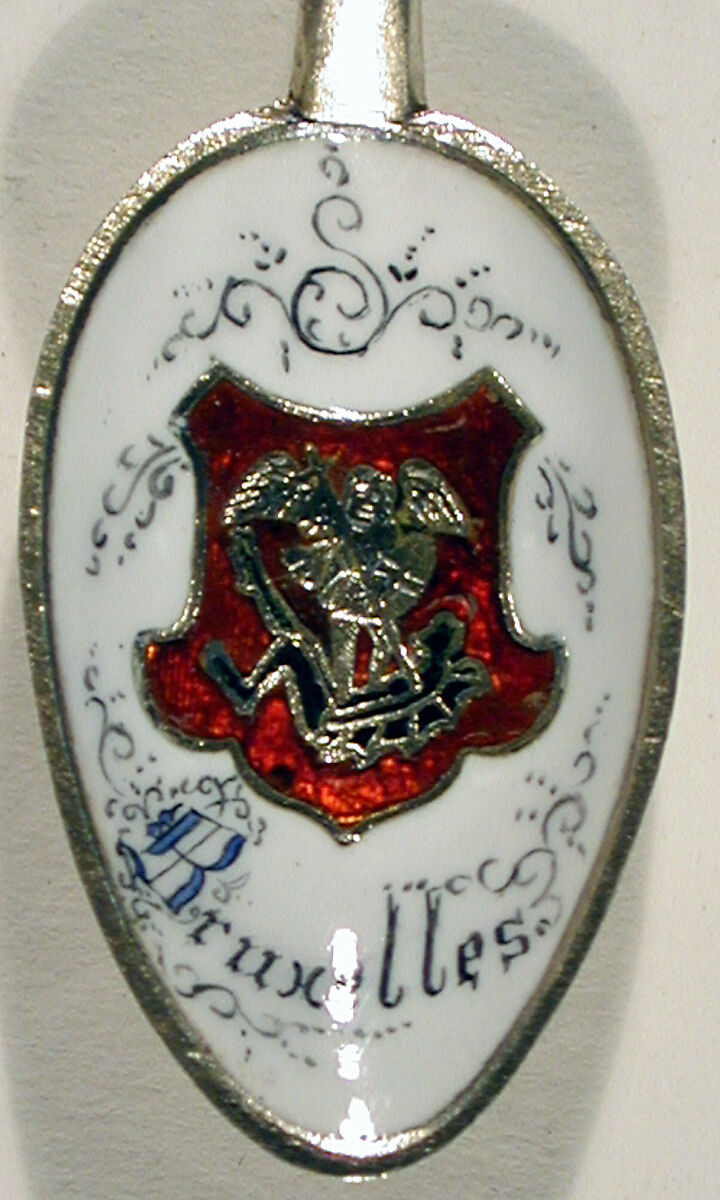 Souvenir spoon with child of Brussels finial, Silver, parcel-gilt, enamel, European