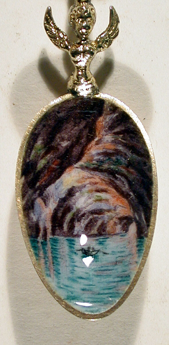 Souvenir spoon with row boat in grotto with high ceiling of rocks at Capri, Silver-gilt, enamel, European