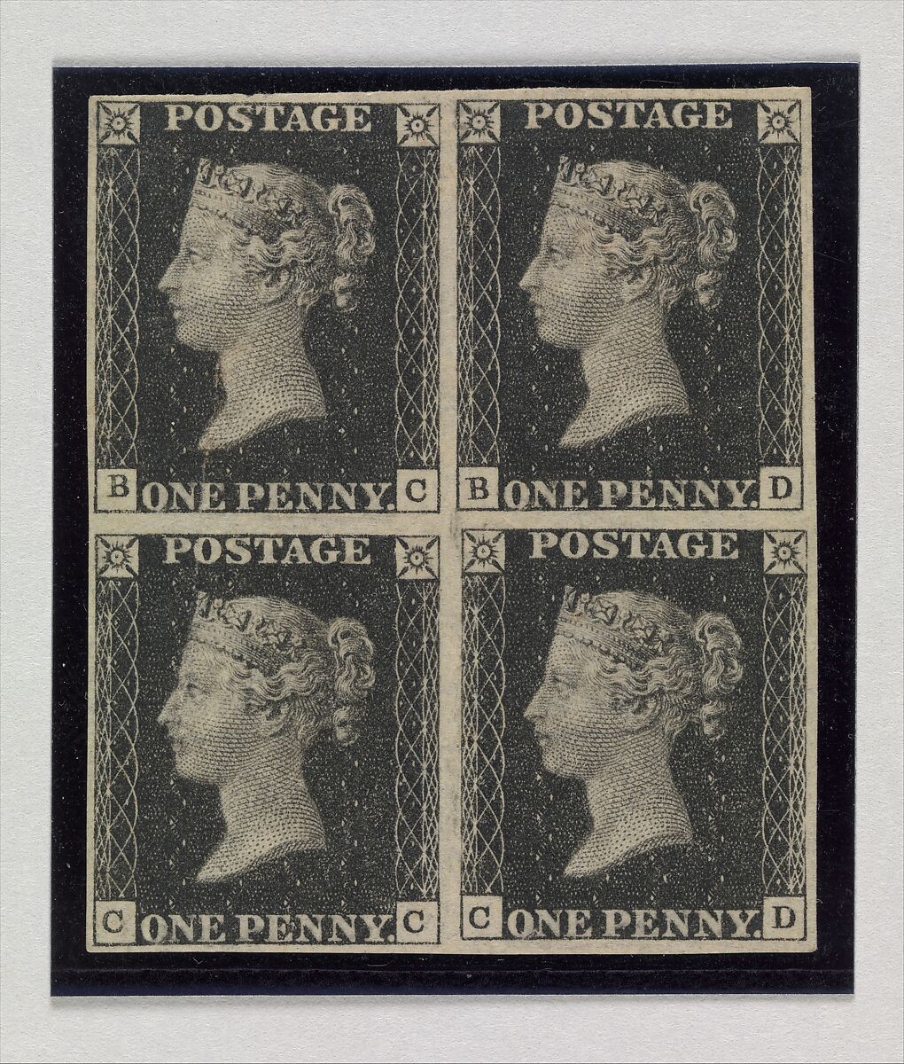 Unused block of four "Penny Black" postage stamps of Queen Victoria, After a design by William Wyon (British, Birmingham 1795–1851 Brighton), Engraving printed in black ink on paper, British 