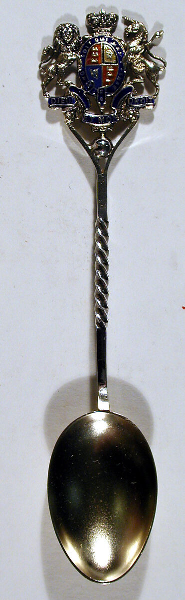 Souvenir spoon, Saunders &amp; Shepherd (British, 1869–present), Silver gilt, enamel, British, London 