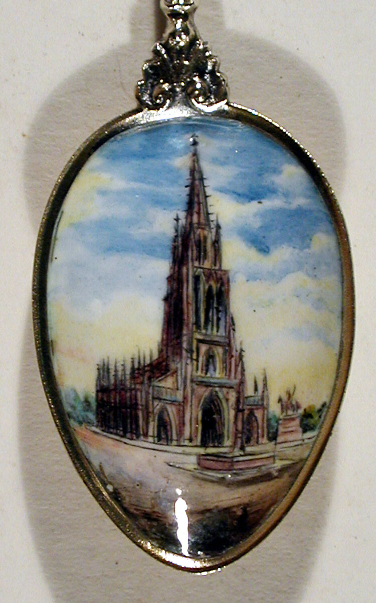 Souvenir spoon with view of west front of a Gothic cathedral (Bern?), Silver, parcel-gilt and enamel, European