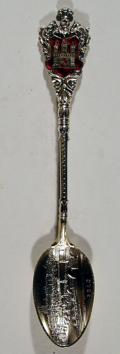 Souvenir spoon with view of Prague, Silver-gilt, enamel, European 