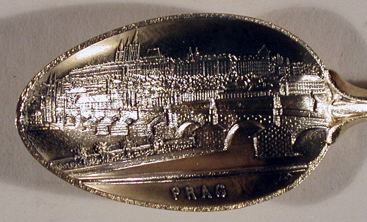 Souvenir spoon with view of Prague, Silver-gilt, enamel, European