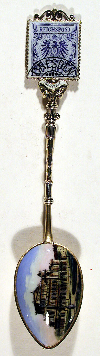 Souvenir spoon with a Dresden building (possibly General Post Office) and finial in form of postage stamp, Silver gilt, enamel, European 