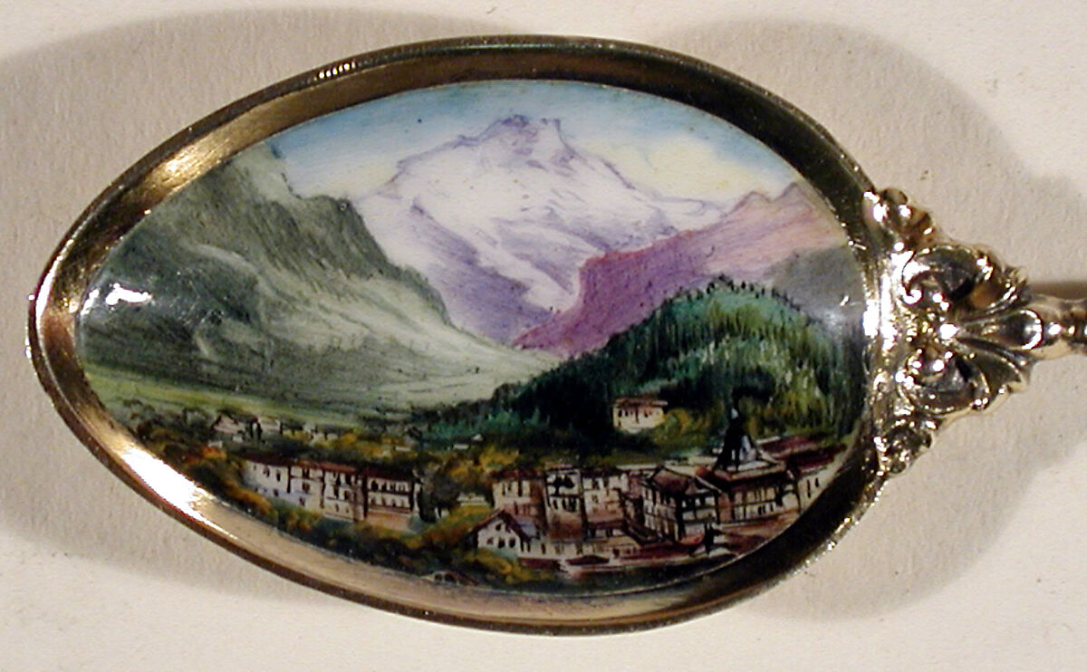 Souvenir spoon with view of town (Interlaken?) surrounded by mountains, Silver-gilt, enamel, European