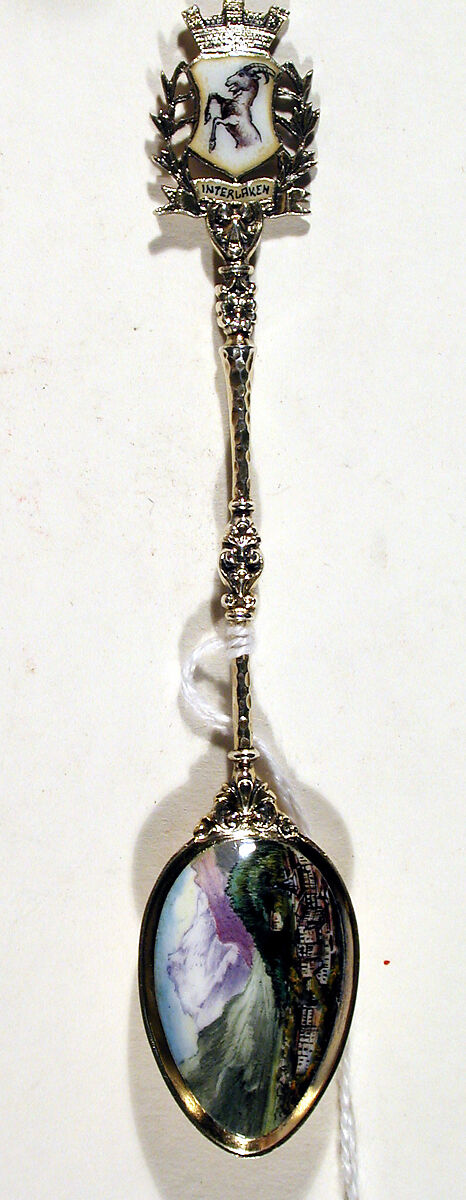 Souvenir spoon with view of town (Interlaken?) surrounded by mountains, Silver-gilt, enamel, European 