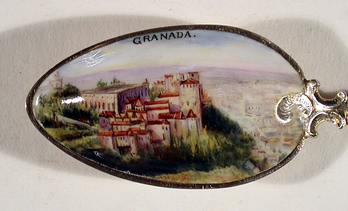 Souvenir spoon with view of La Alhambra overlooking Granada, Silver gilt, enamel, European