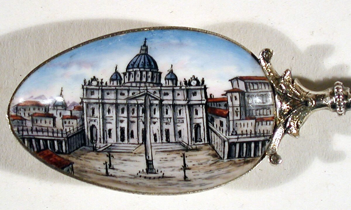Souvenir spoon with view of St. Peter's Square and St. Peter's Basilica, Rome, Silver, parcel-gilt, and enamel, European