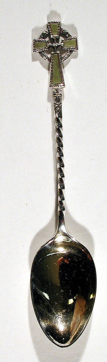 Souvenir spoon with finial in form of Celtic cross, Silver, parcel-gilt, with green stone inlay on cross, British, Birmingham 