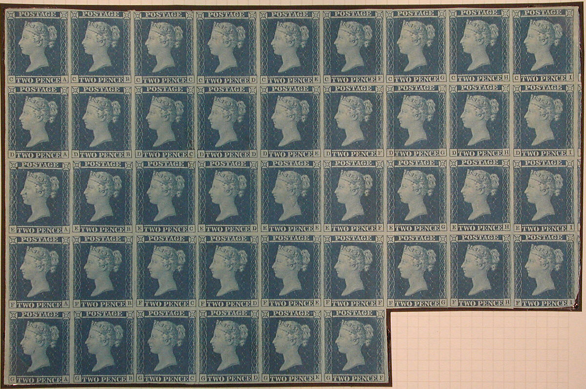 Unused block of forty-two "Two Penny Blue" postage stamps of Queen Victoria, After a design by William Wyon (British, Birmingham 1795–1851 Brighton), Engraving printed in blue ink on paper, British 