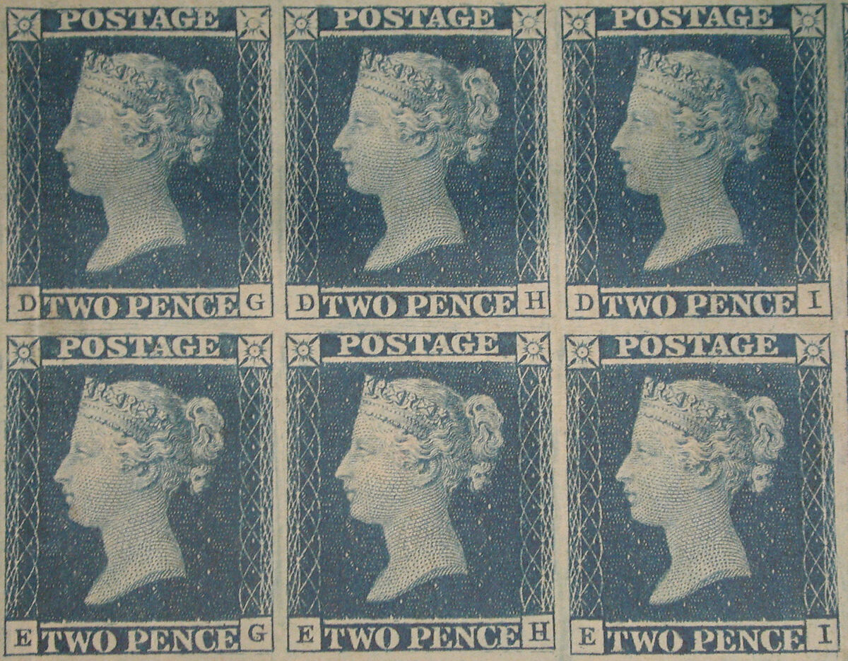 Unused block of forty-two "Two Penny Blue" postage stamps of Queen Victoria, After a design by William Wyon (British, Birmingham 1795–1851 Brighton), Engraving printed in blue ink on paper, British