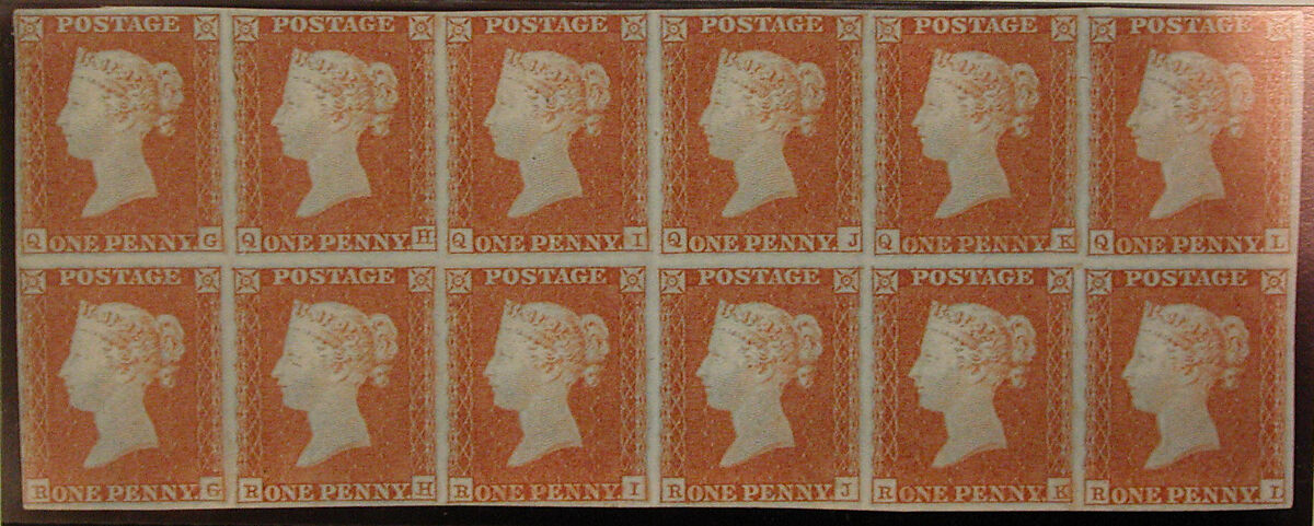 Unused block of twelve "Penny Red Brown" postage stamps of Queen Victoria, After a design by William Wyon (British, Birmingham 1795–1851 Brighton), Engraving printed in red-brown ink on paper, British 