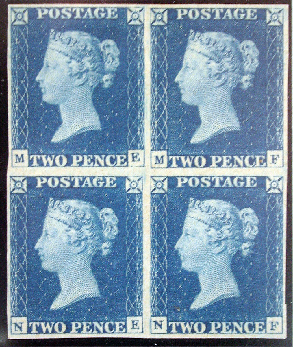 Unused block of four "Two Penny Blue" postage stamps of Queen Victoria, After a design by William Wyon (British, Birmingham 1795–1851 Brighton), Engraving printed in blue ink on paper, British 
