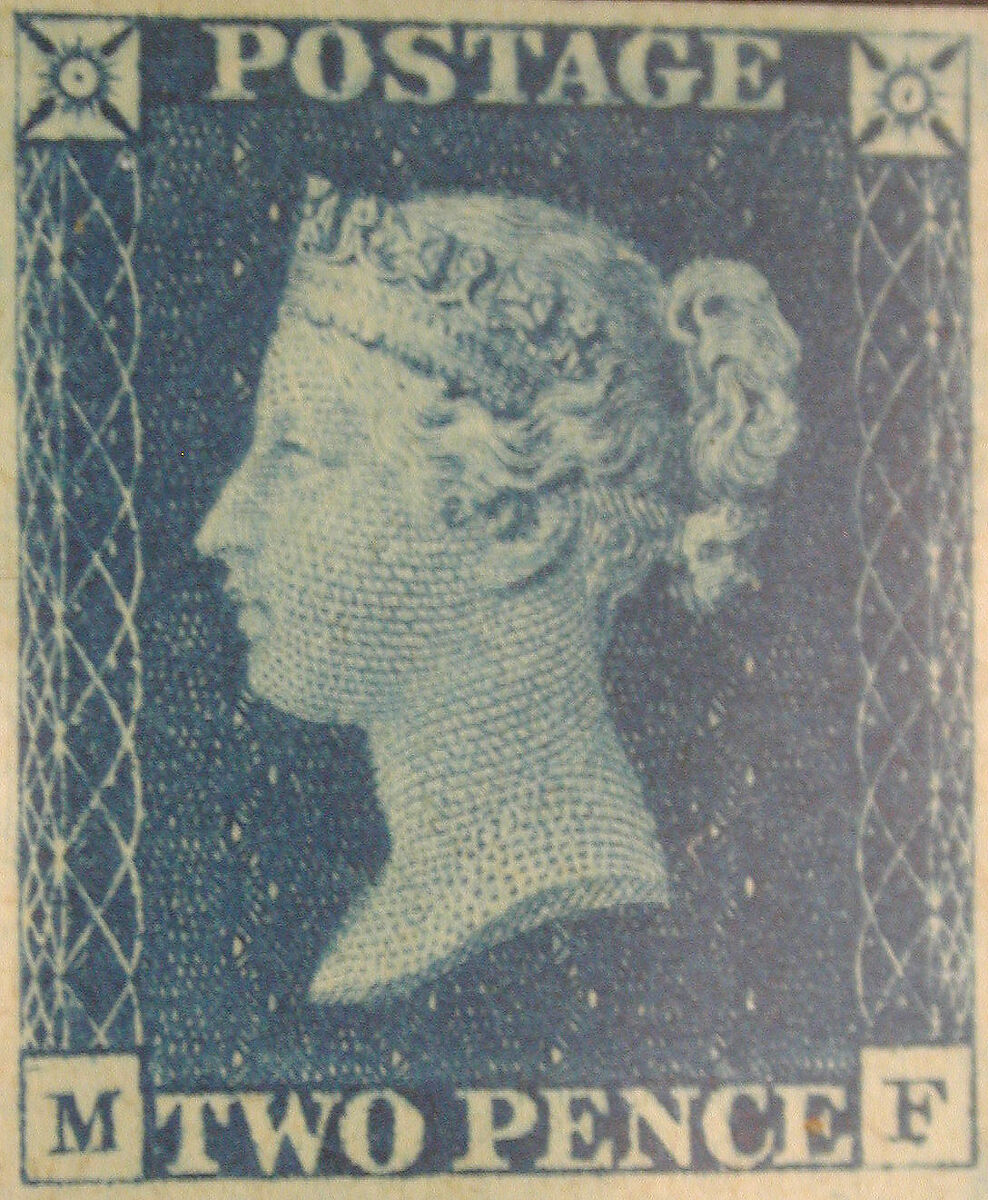 Unused block of four "Two Penny Blue" postage stamps of Queen Victoria, After a design by William Wyon (British, Birmingham 1795–1851 Brighton), Engraving printed in blue ink on paper, British