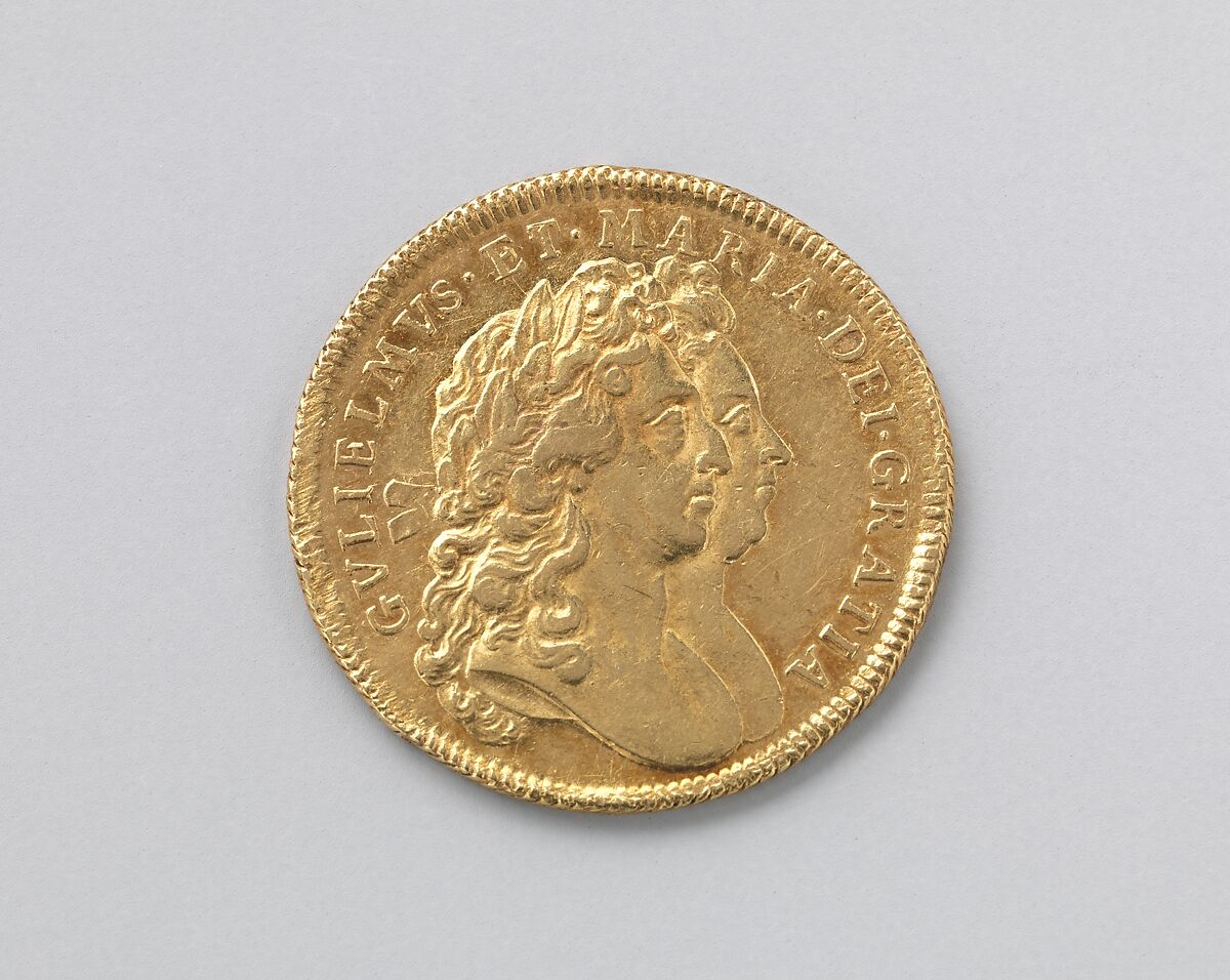 Two guineas coin of William and Mary, Medalist: Norbert Roettier (Flemish, Antwerp ca. 1666–1727 Choisy-le-Roi), Gold, British 