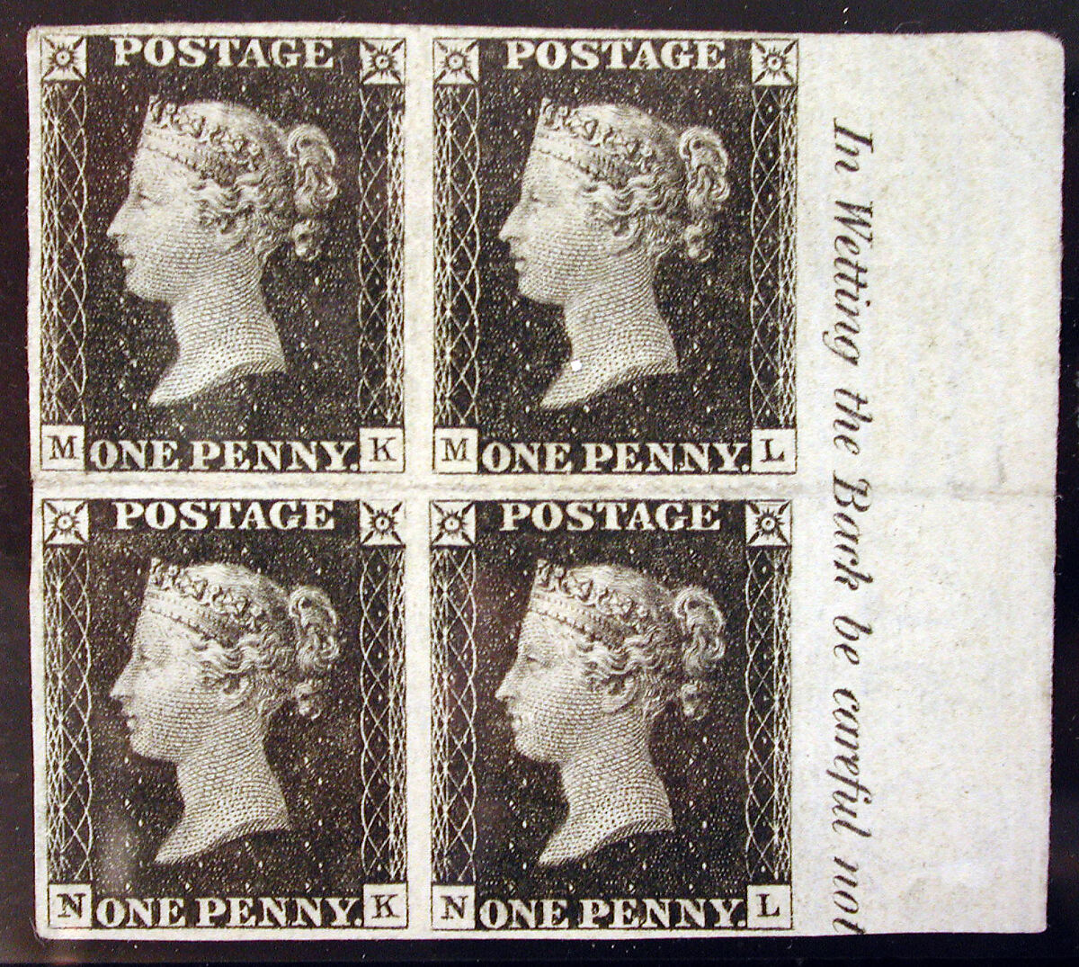 Unused block of four "Penny Black" postage stamps of Queen Victoria, After a design by William Wyon (British, Birmingham 1795–1851 Brighton), Engraving printed in black ink on paper, British 